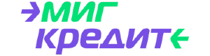 Migcredit.ru Логотип Migcredit.ru большими зелеными и белыми буквами со стрелочками в фиолетовом прямоугольнике
