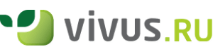 Vivus.ru Логотип Vivus.ru большими серо-зелеными буквами и стилизованное растение с листиками